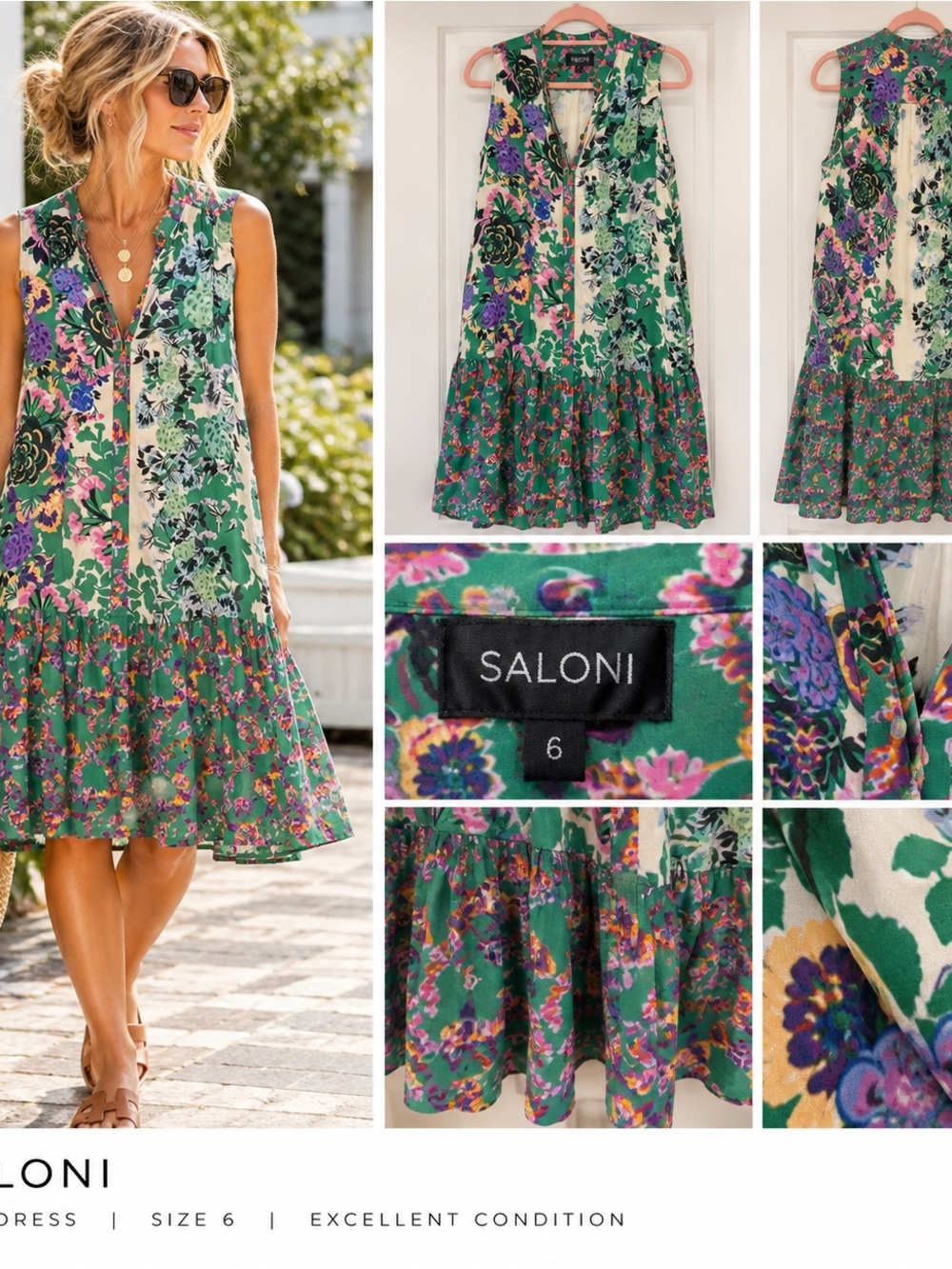 SALONI Green Multicolor Floral Sleeveless Midi Dress